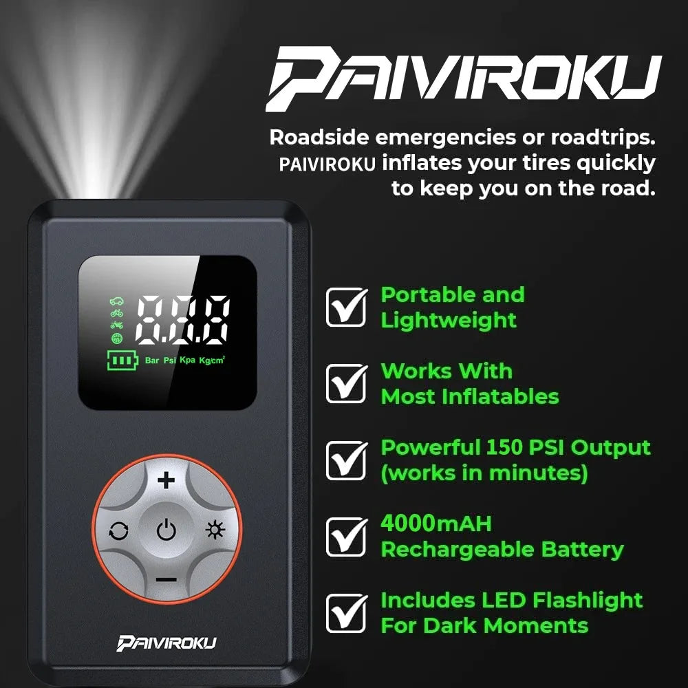 Portable Tire Inflator Cordless Air Compressor | 150 PSI Mini Bike Pump with LED Light MyPetiteCar.com