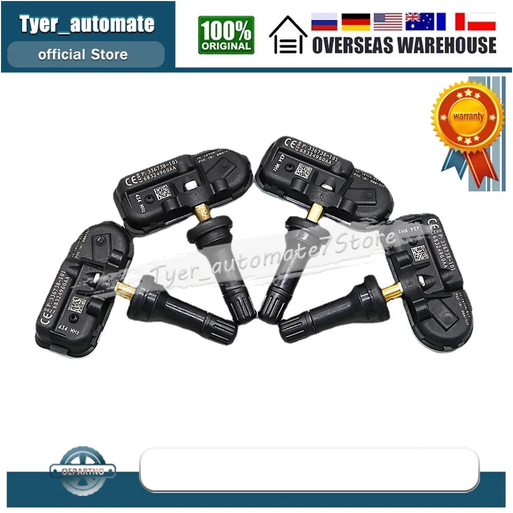 TPMS Sensor 434MHz for Jeep Cherokee RAM 1500 2500 3500 | 4 Pack 68324960AA 68324960AB