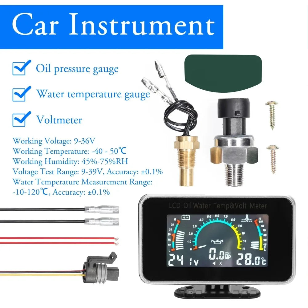 3-in-1 Digital LCD Gauge for Oil Pressure, Water Temp & Voltage | 9-36V