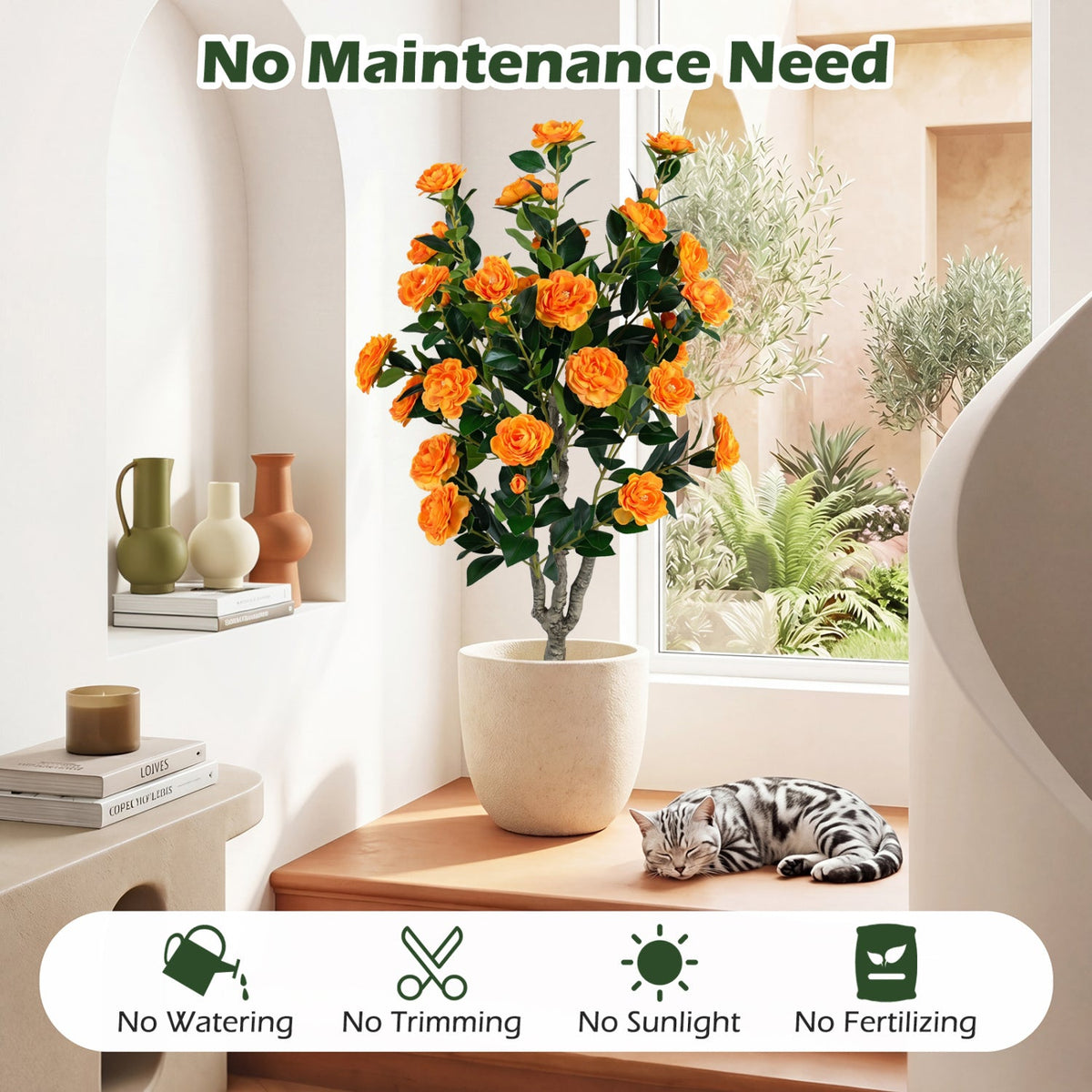 Artificial Camellia Tree 39.5" with Cement Pot - Set of 2 DirectDeals