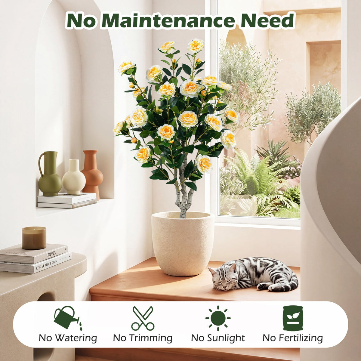 Artificial Camellia Tree 39.5" with Cement Pot - Set of 2 DirectDeals