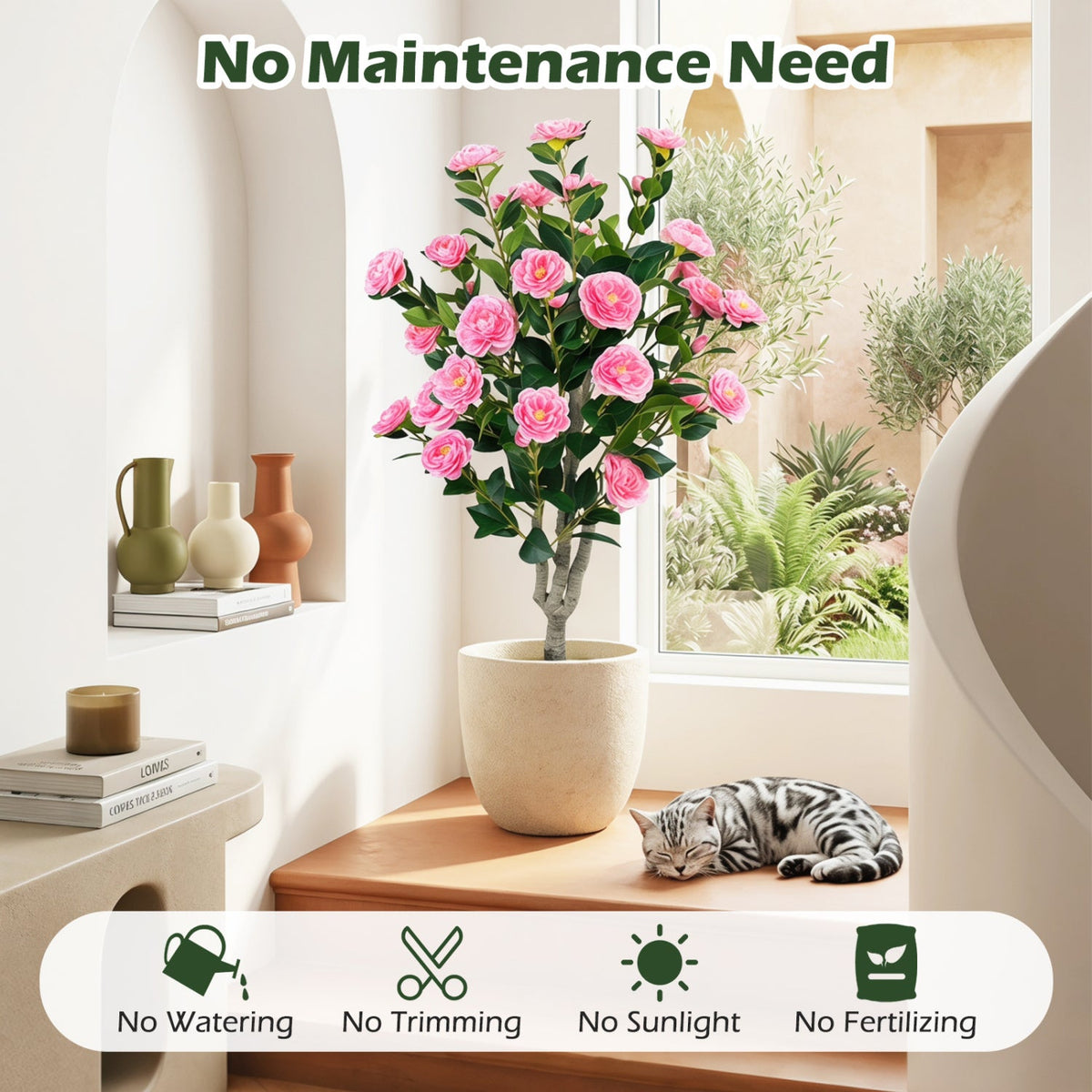 Artificial Camellia Tree 39.5" with Cement Pot - Set of 2 DirectDeals
