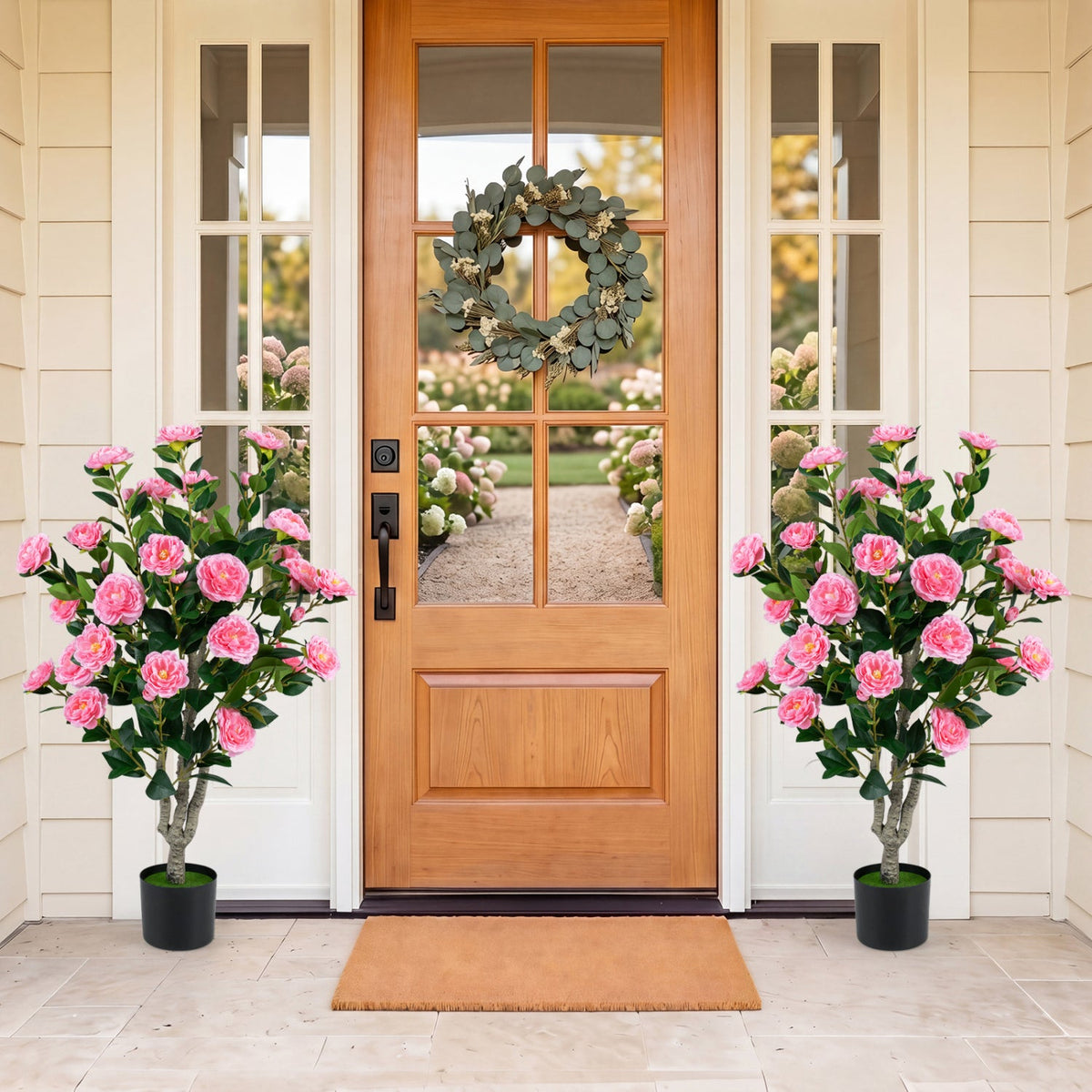 Artificial Camellia Tree 39.5" with Cement Pot - Set of 2 DirectDeals
