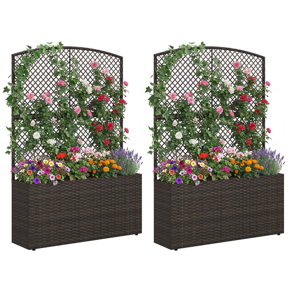 Set of 2 58 Inch Raised Garden Bed with Trellis and Wicker Planter Box