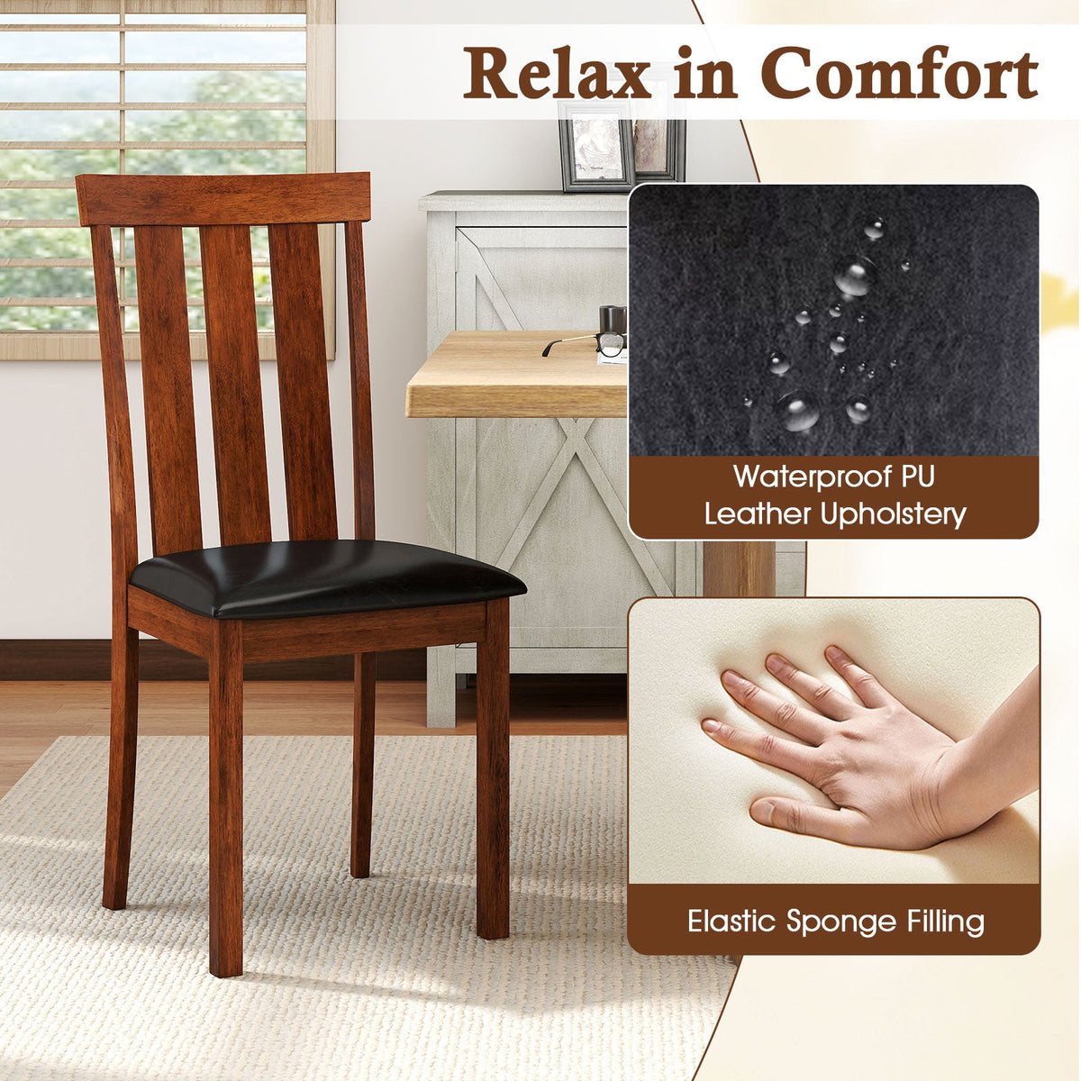 Set of 2 Dining Room Chairs with Rubber Wood Frame PU Leather Seat-Walnut