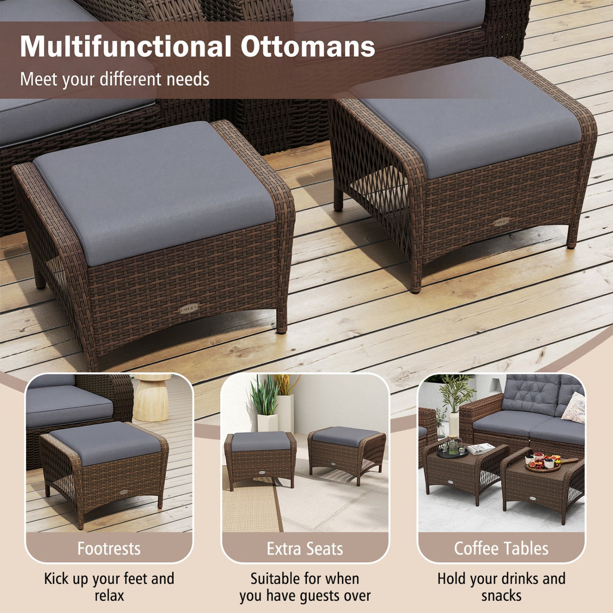 Outdoor PE Wicker Ottomans Set of 2 with Removable Cushions DirectDeals