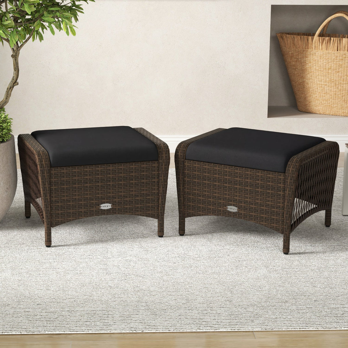 Outdoor PE Wicker Ottomans Set of 2 with Removable Cushions DirectDeals