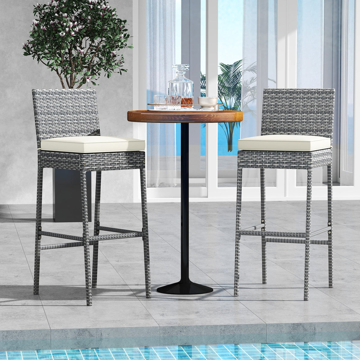Set of 2/4 Patio Wicker Barstools with Soft Seat Cushion and Cozy Footrest DirectDeals