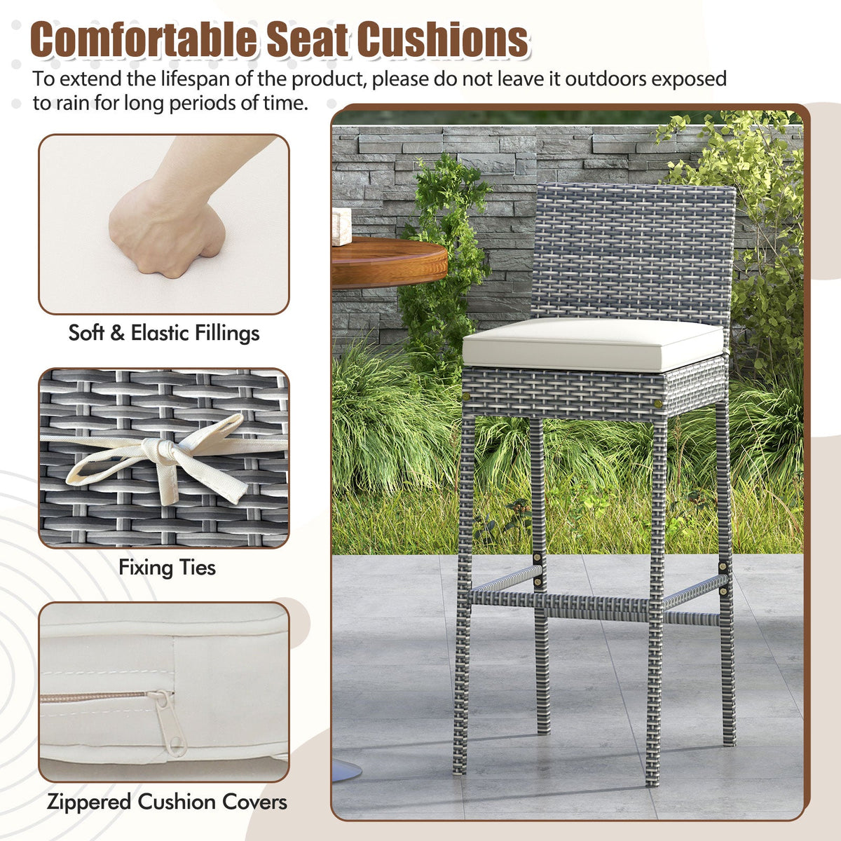 Set of 2/4 Patio Wicker Barstools with Soft Seat Cushion and Cozy Footrest DirectDeals