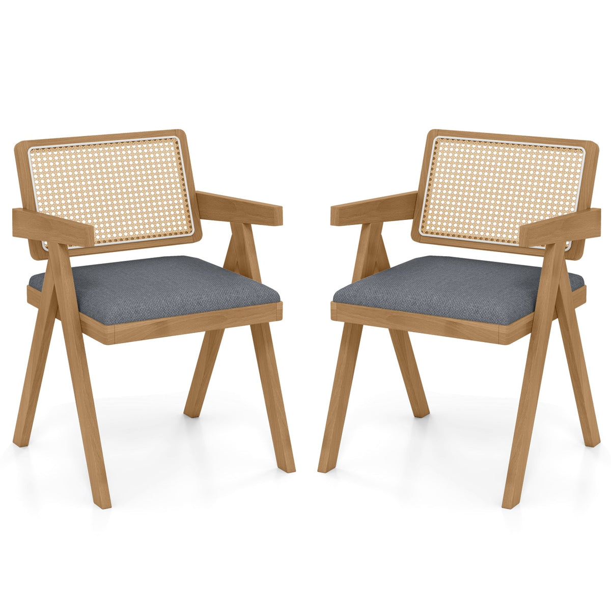 Set of 2 Rattan Accent Chairs with Padded Cushion and Rubber Wood Frame