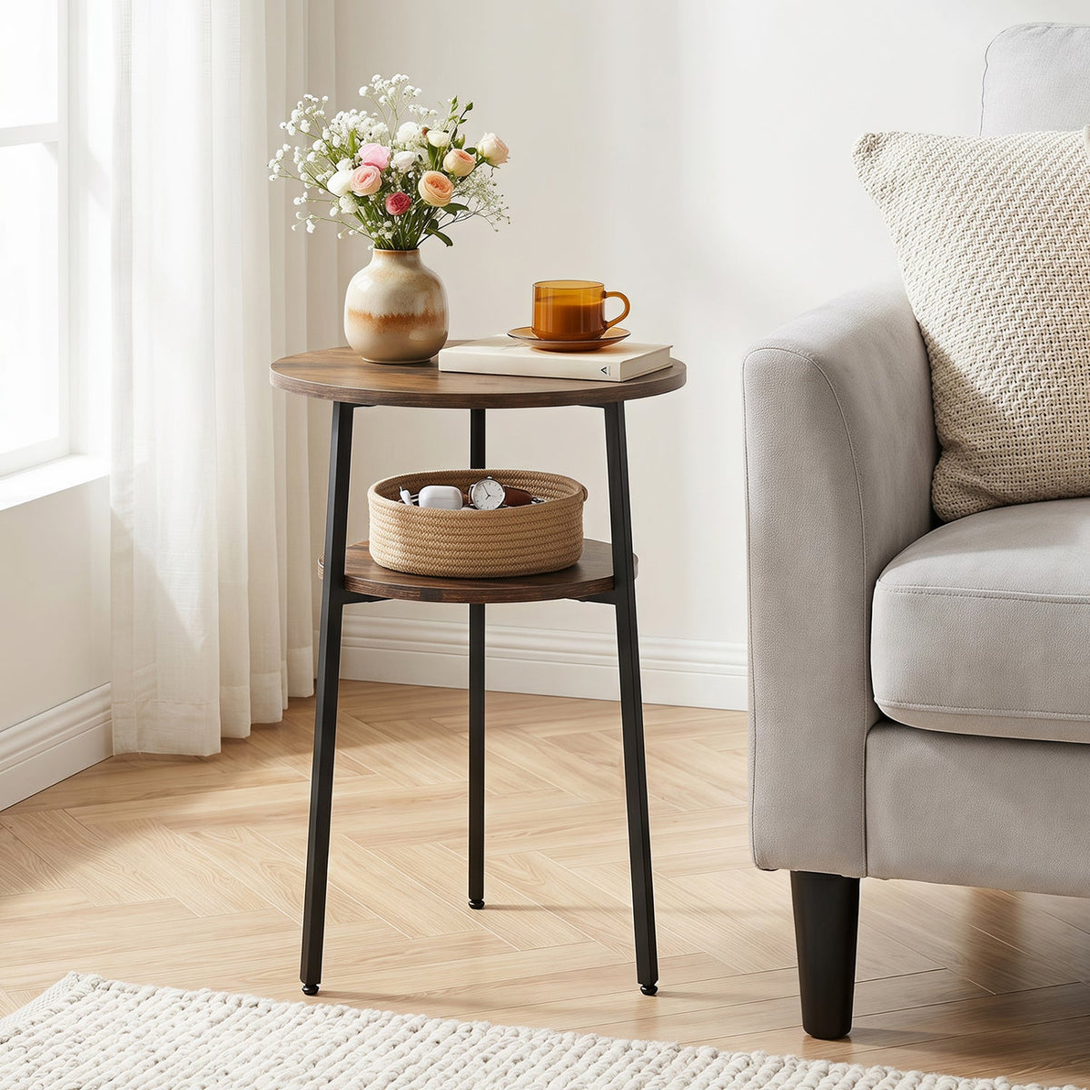 Round Side Table Set with Storage Shelf - Rustic Brown DirectDeals