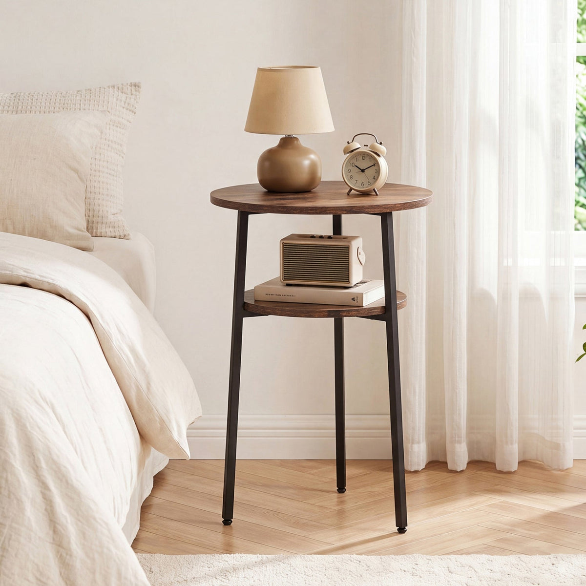 Round Side Table Set with Storage Shelf - Rustic Brown DirectDeals