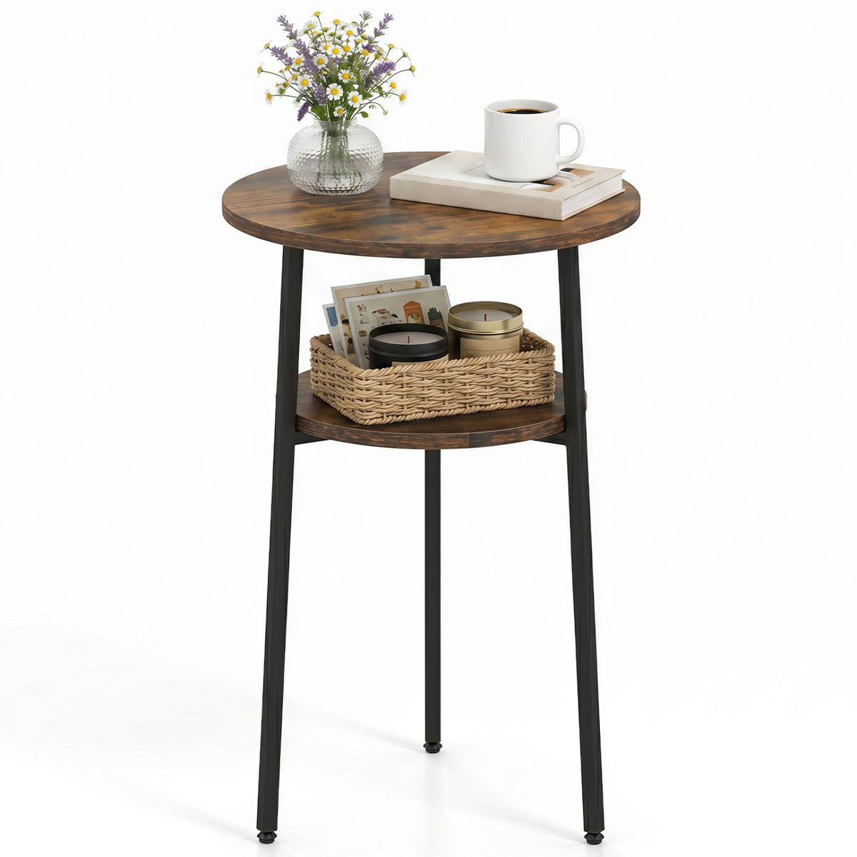 Round Side Table Set with Storage Shelf - Rustic Brown DirectDeals