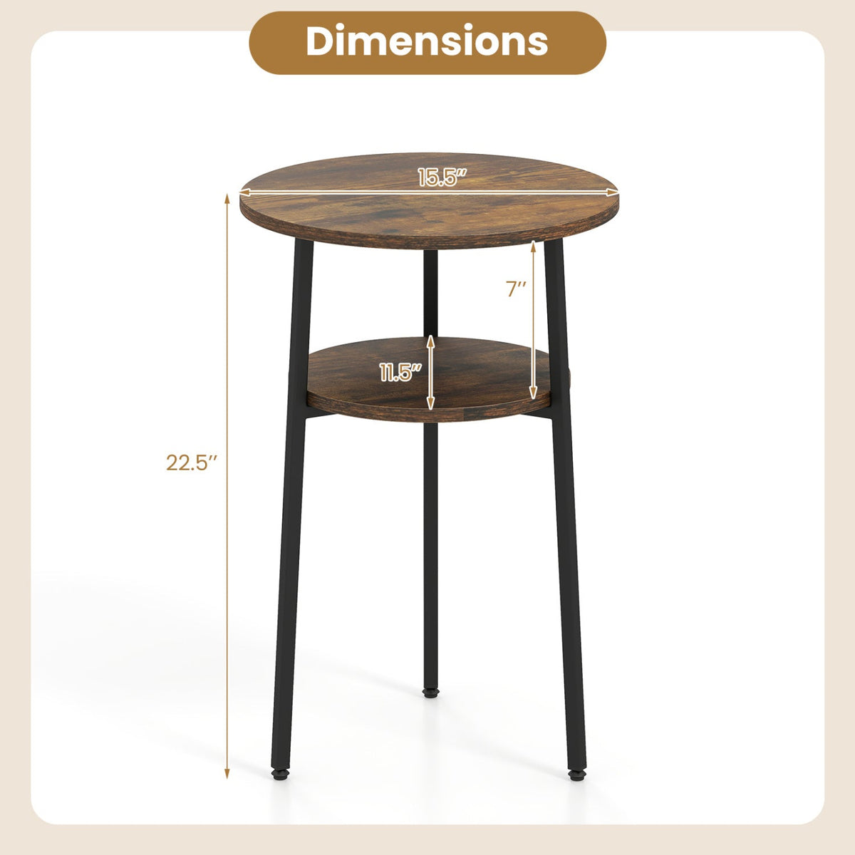 Round Side Table Set with Storage Shelf - Rustic Brown DirectDeals