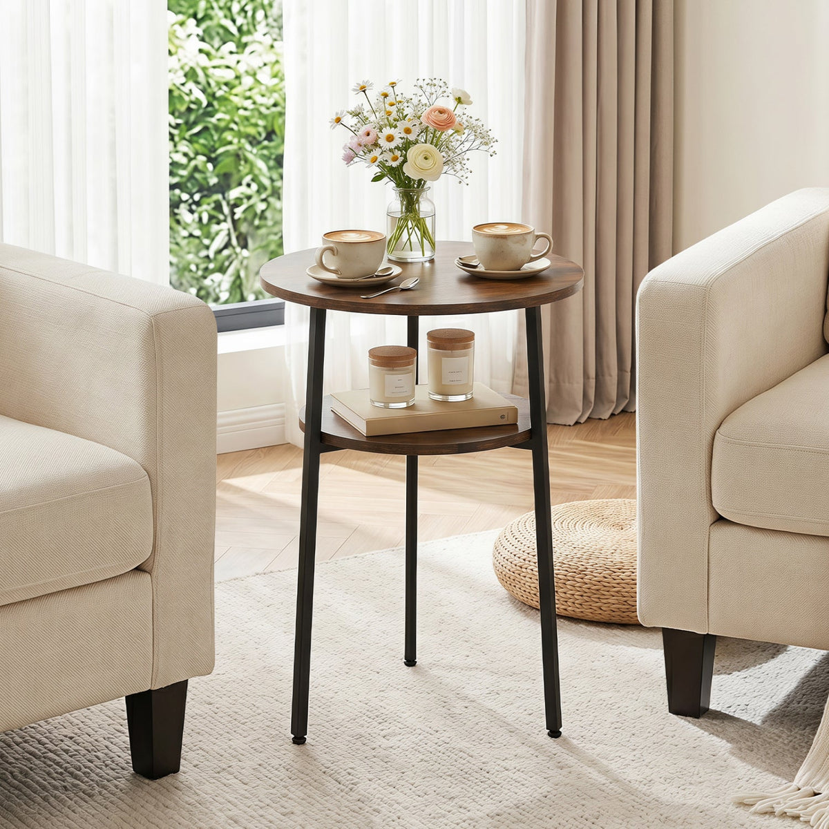 Round Side Table Set with Storage Shelf - Rustic Brown DirectDeals