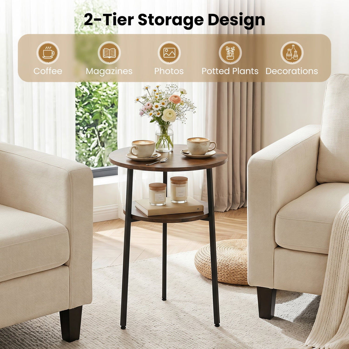 Round Side Table Set with Storage Shelf - Rustic Brown DirectDeals