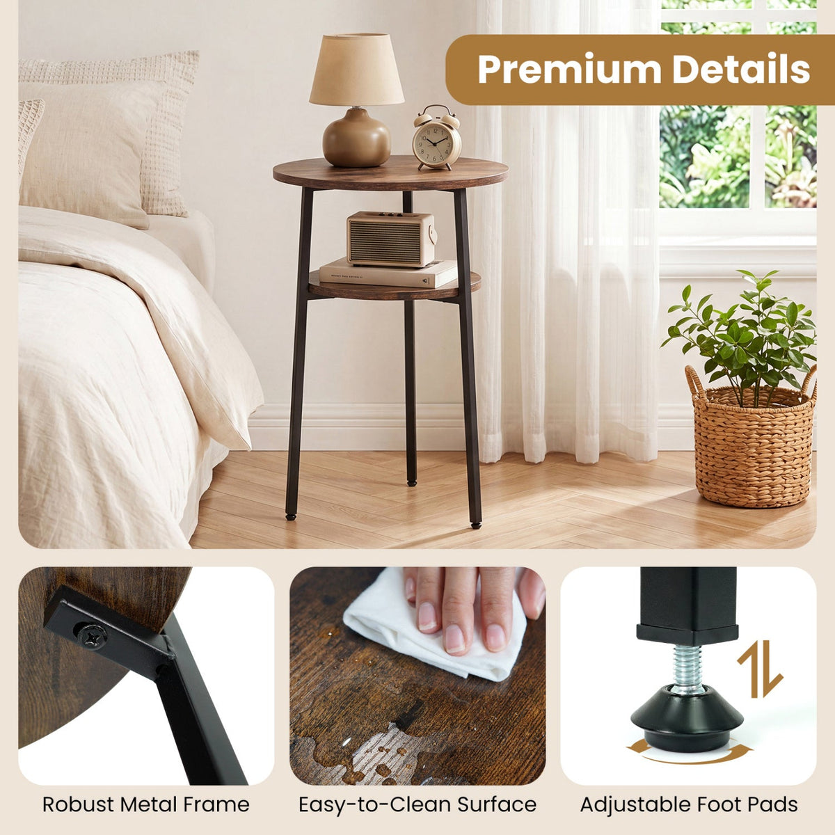 Round Side Table Set with Storage Shelf - Rustic Brown DirectDeals