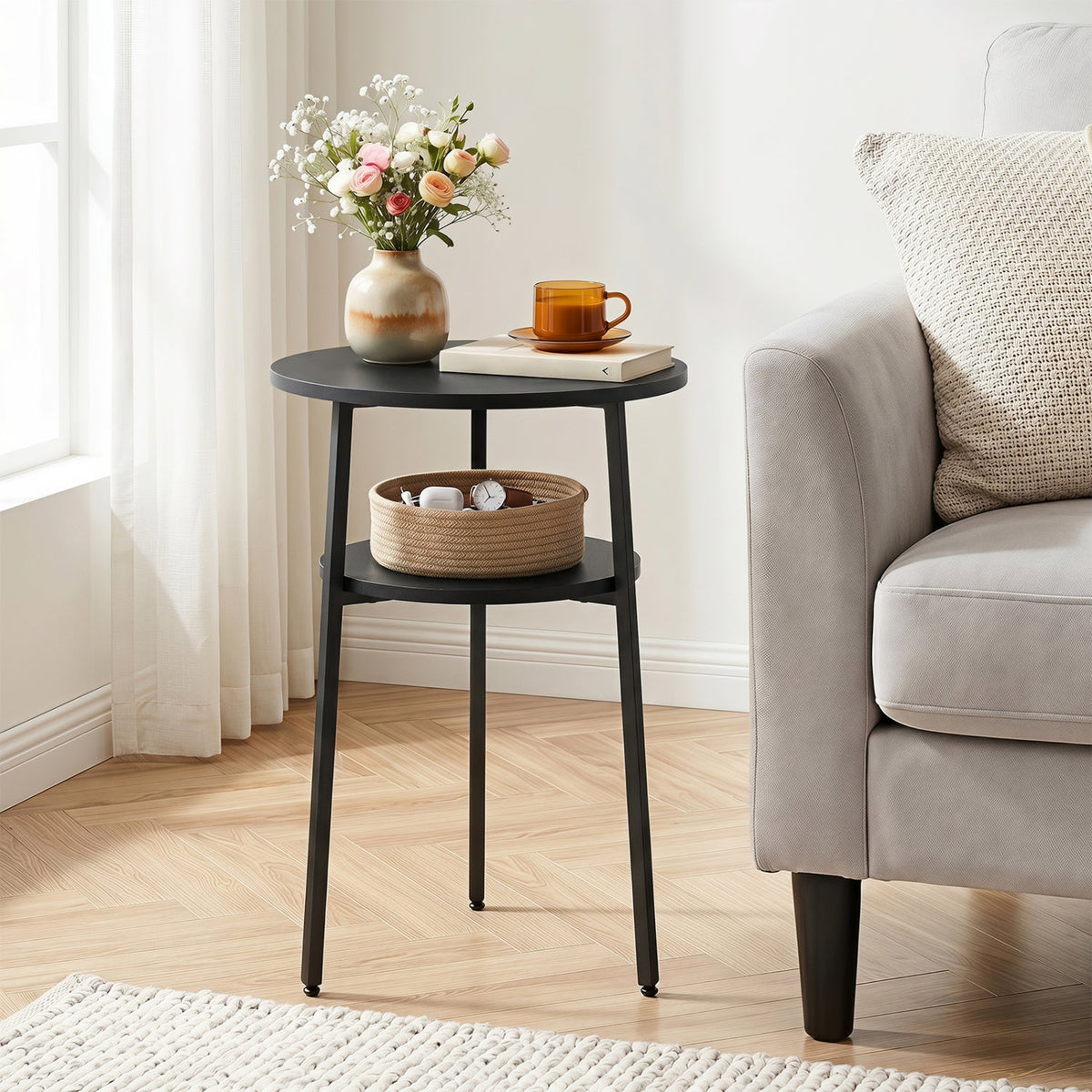 Round Side Table Set with Storage Shelf - Rustic Brown DirectDeals