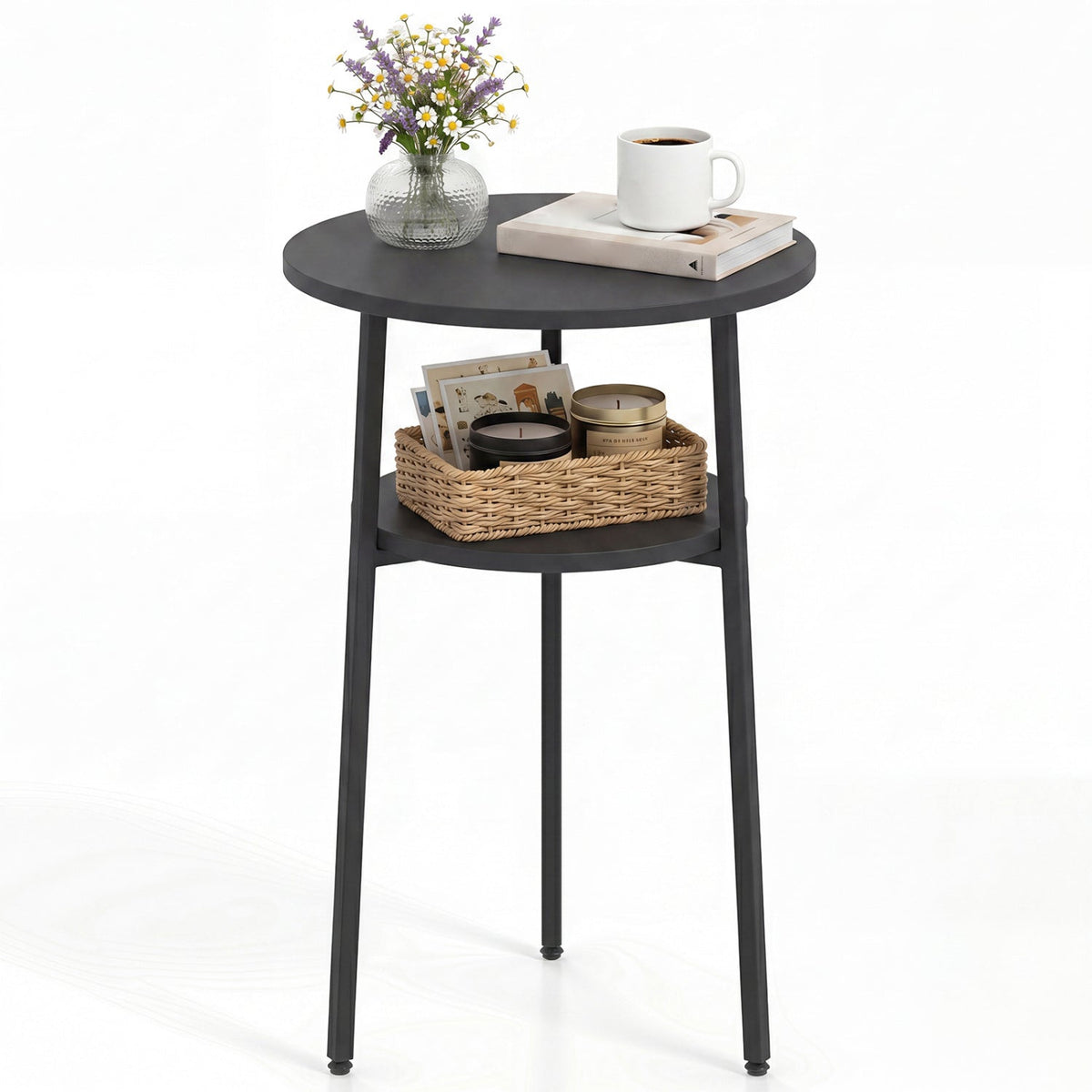 Round Side Table Set with Storage Shelf - Rustic Brown DirectDeals