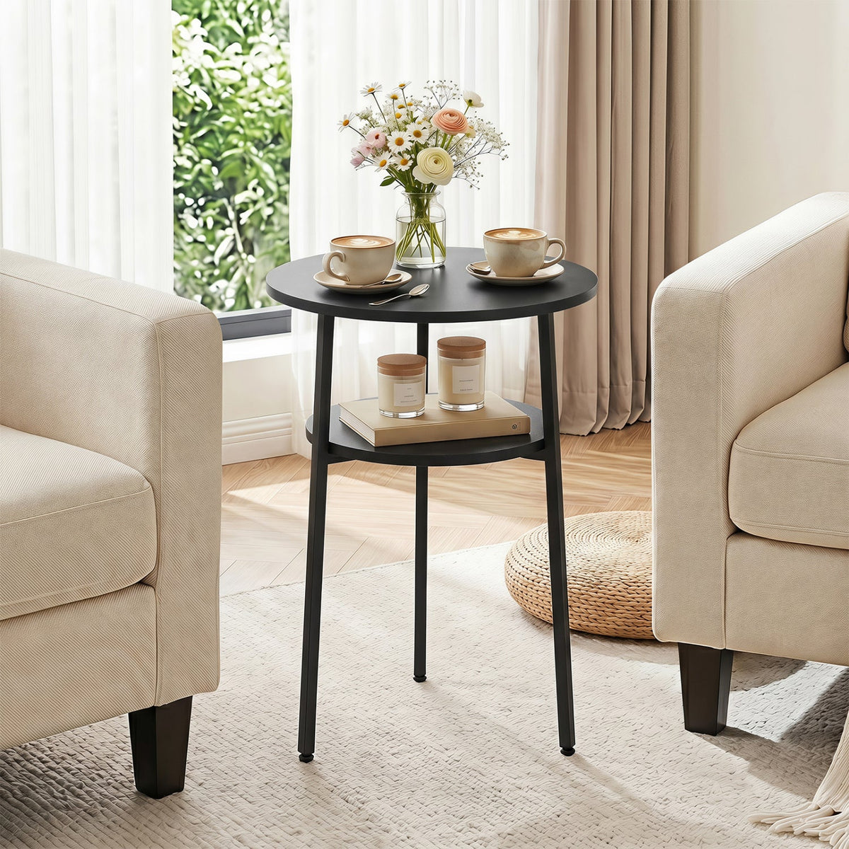 Round Side Table Set with Storage Shelf - Rustic Brown DirectDeals