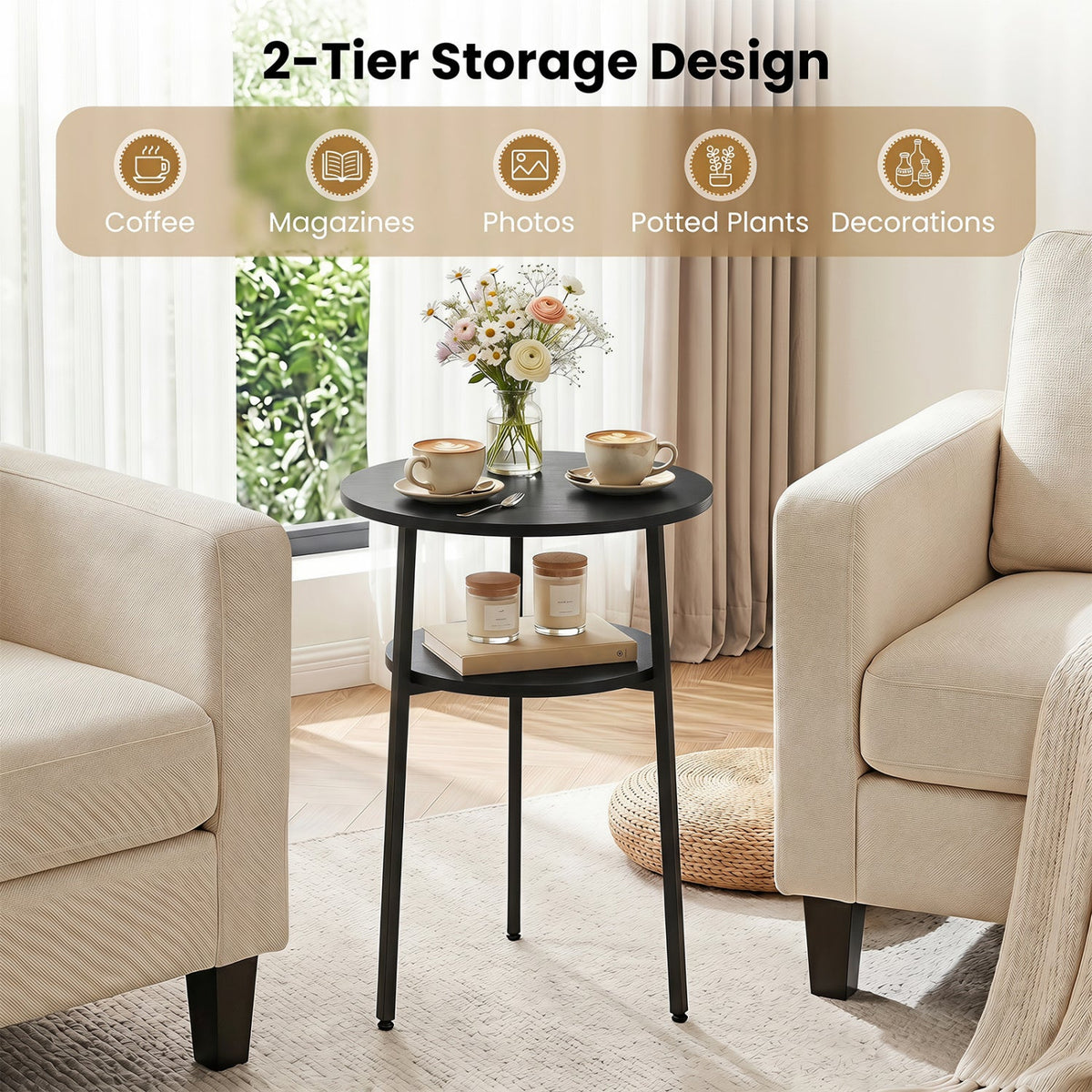 Round Side Table Set with Storage Shelf - Rustic Brown DirectDeals