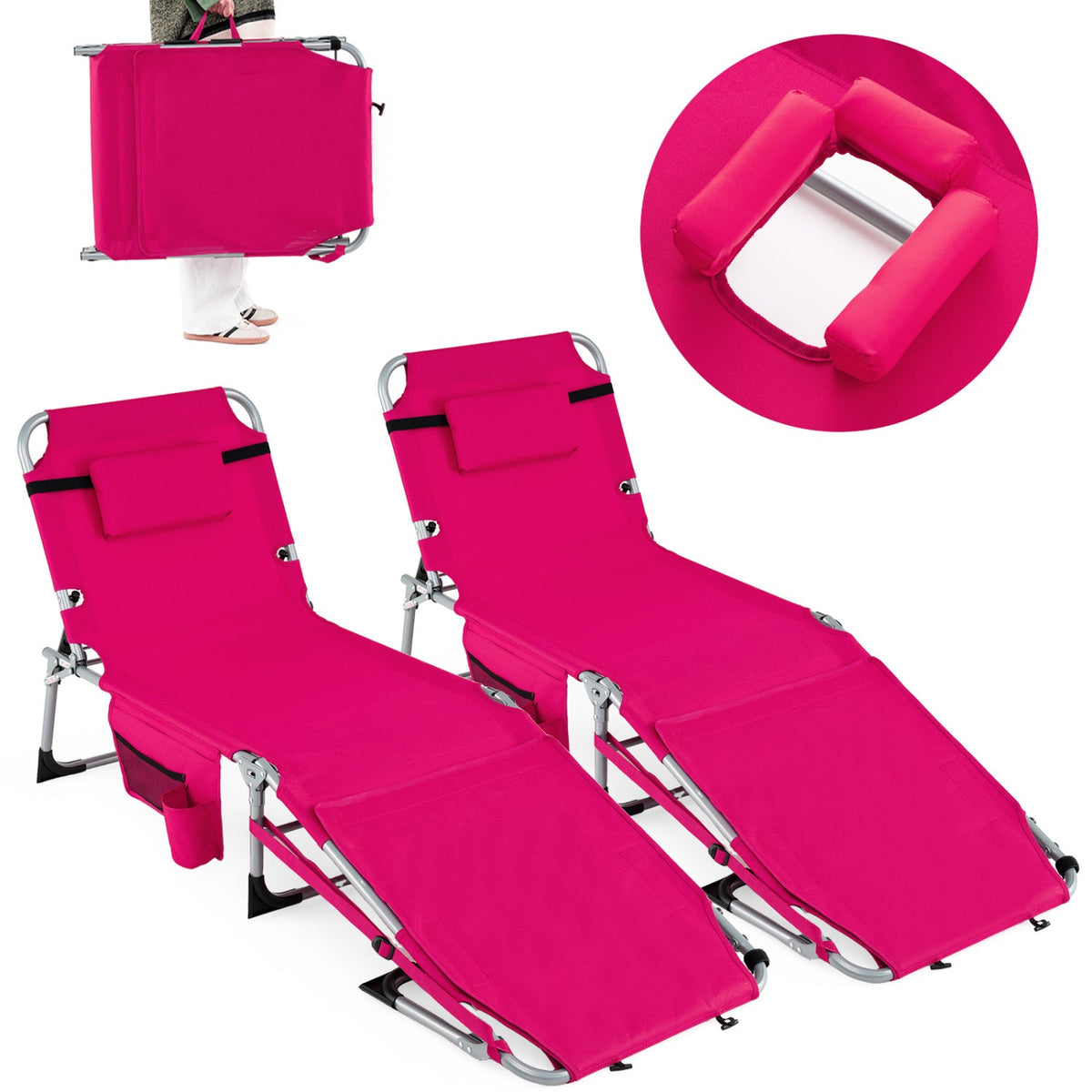 Set of 2 Tanning Chairs with Face Arm Holes Portable with 4-Level Backrest