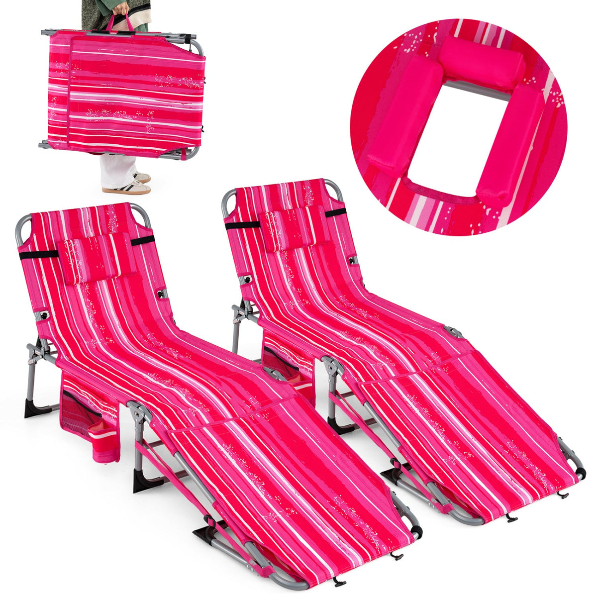 Set of 2 Tanning Chairs with Face Arm Holes Portable with 4-Level Backrest