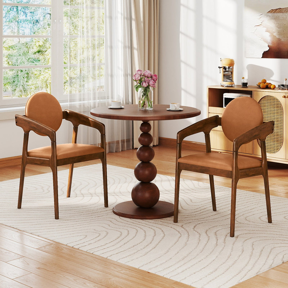 Set of 2 Wooden Dining Chair PU Leather Upholstered Armchairs-Brown