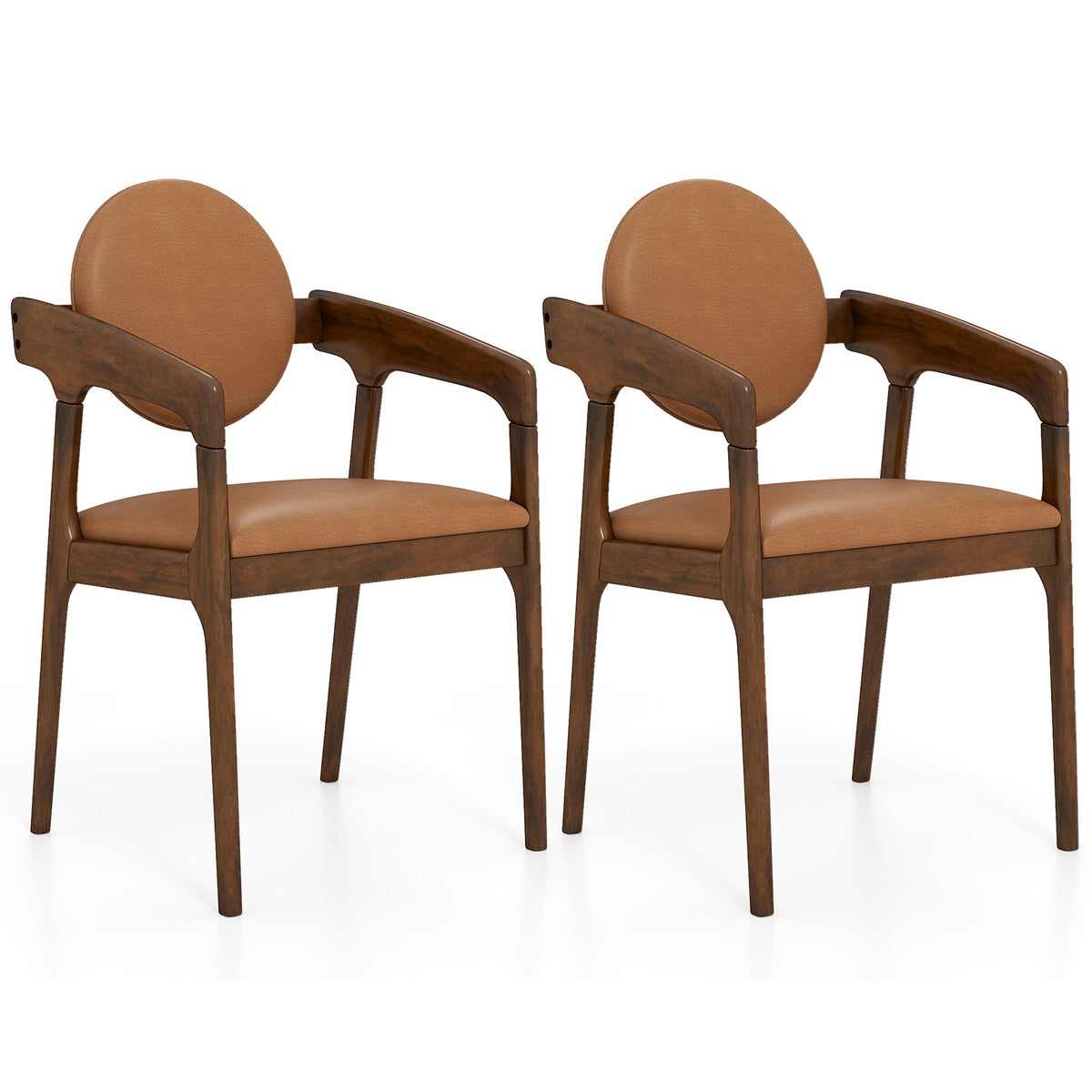 Set of 2 Wooden Dining Chair PU Leather Upholstered Armchairs-Brown