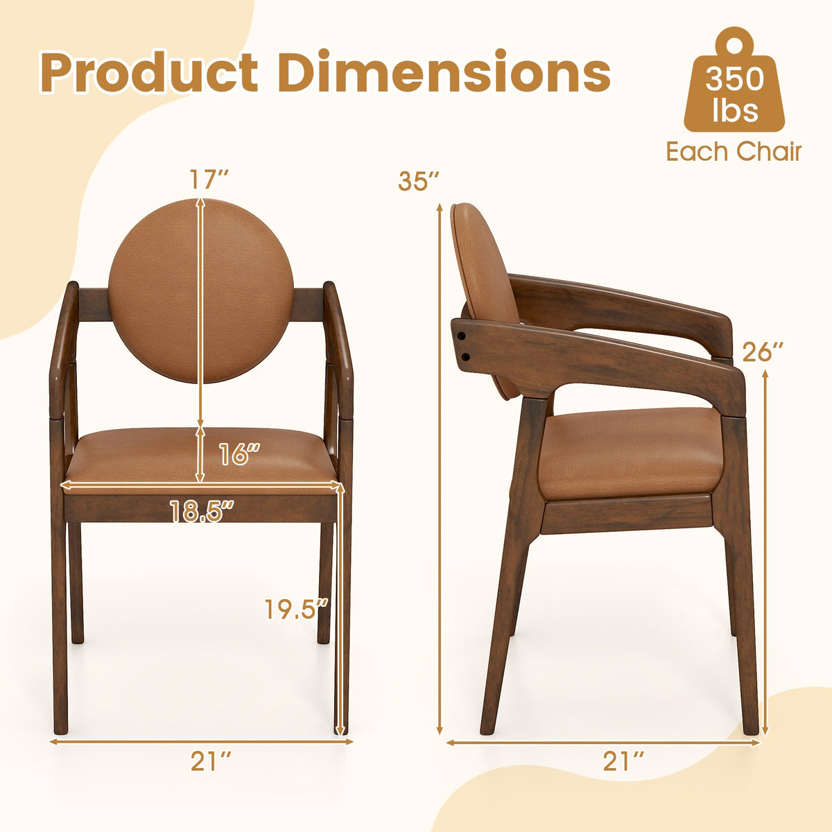 Set of 2 Wooden Dining Chair PU Leather Upholstered Armchairs-Brown