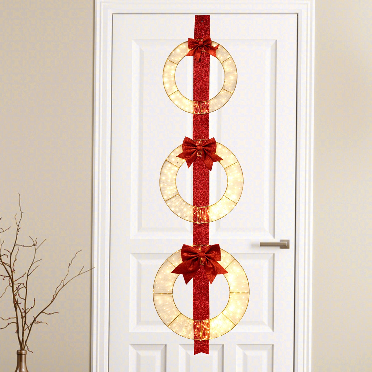 Set of 3 Christmas Lighted Wreaths with Warm White LED Lights and Bows