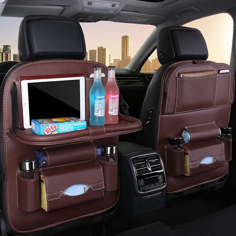 Car Seat Back Organizer PU Leather Foldable Table Tray with Storage Pockets And Kick Mats - Vehicle Interior Accessories MyPetiteCar.com