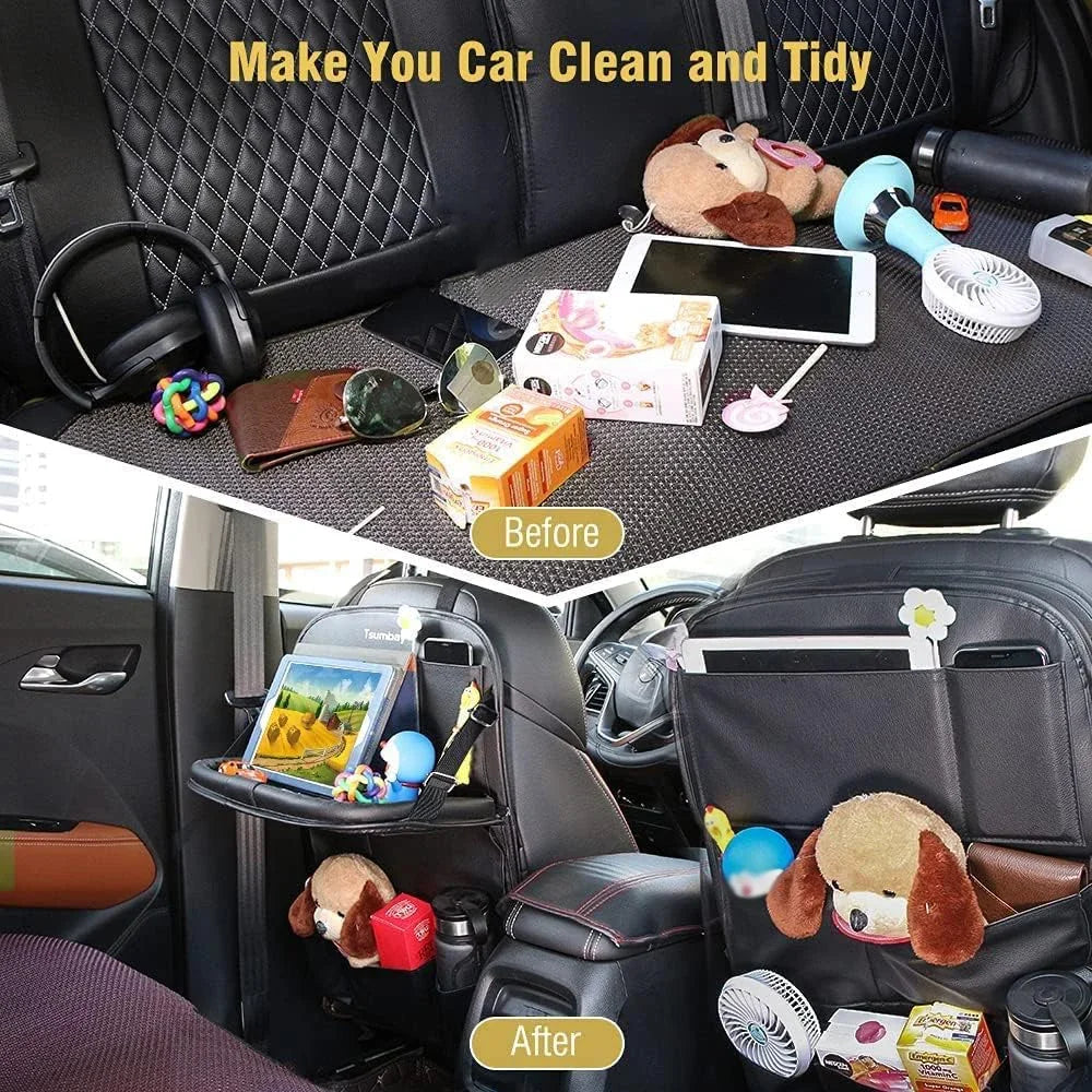 Car Seat Back Organizer PU Leather Foldable Table Tray with Storage Pockets And Kick Mats - Vehicle Interior Accessories MyPetiteCar.com