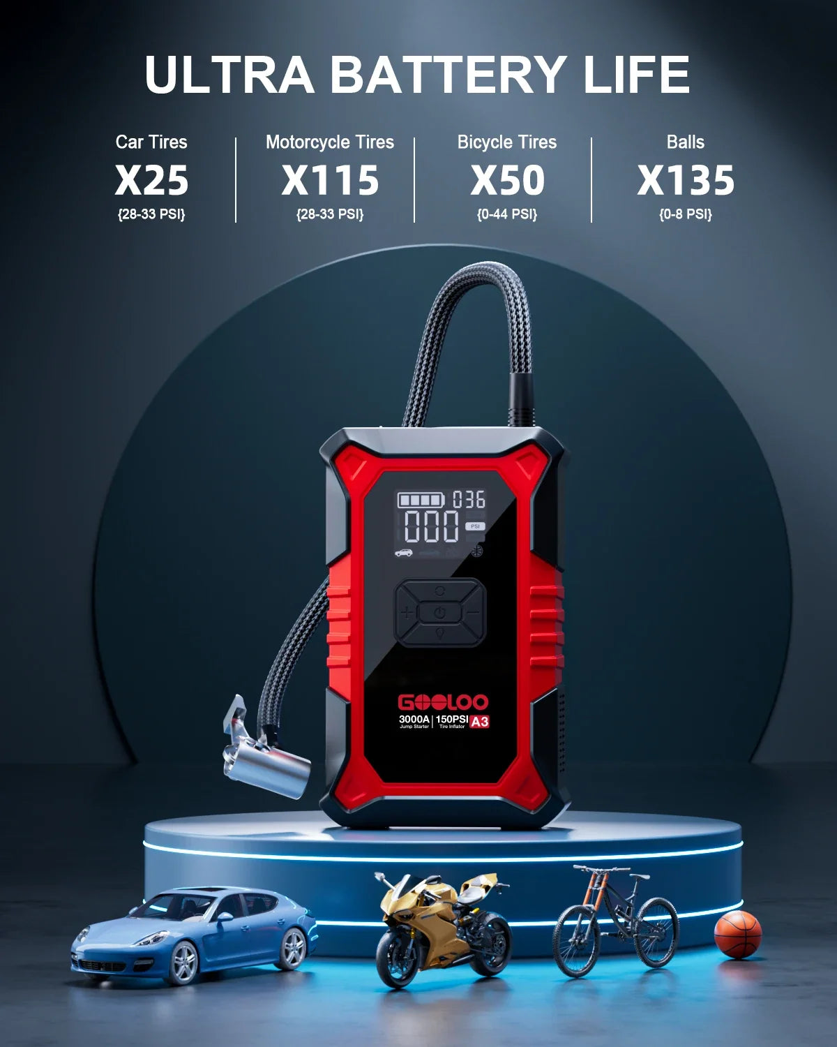 GOOLOO A3 Jump Starter with Air Compressor | 3000A Portable Car Battery Booster and Tire Inflator