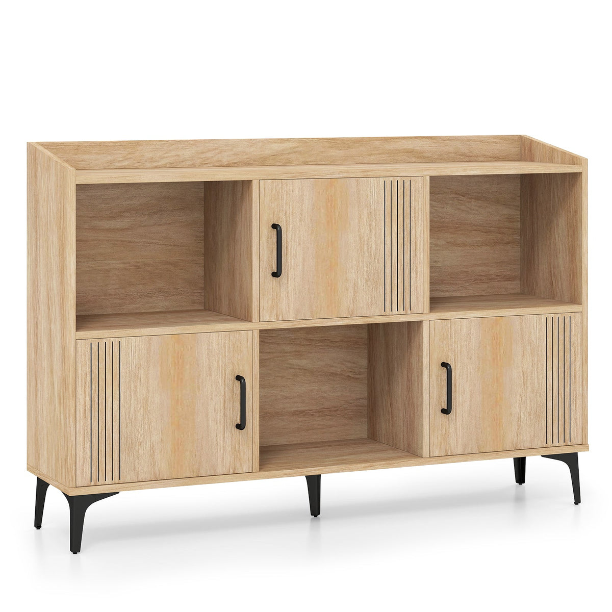 Sideboard Storage Cabinet Bookcase with 3 Doors and Open Compartments-Oak