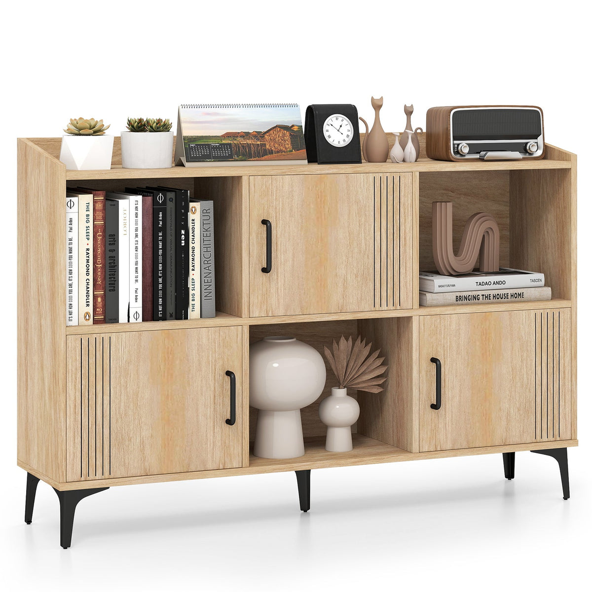 Sideboard Storage Cabinet Bookcase with 3 Doors and Open Compartments-Oak