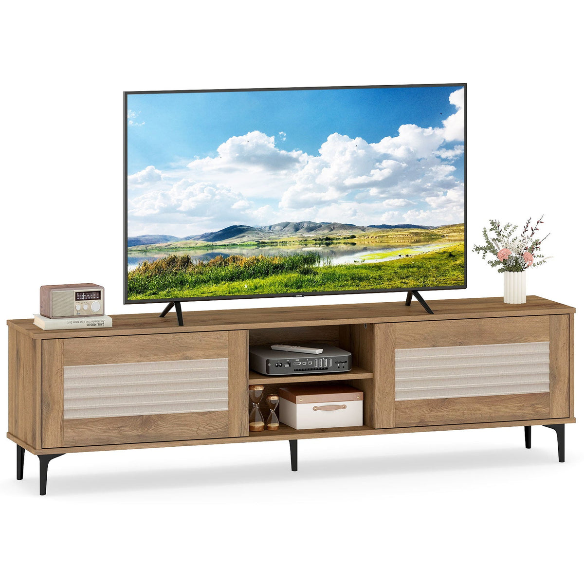 TV Stand for TVs up to 70 Inch Waveform Fluted Entertainment Center-Oak