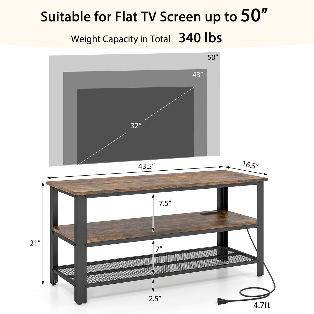 Industrial TV Stand up to 50 Inches with Power Outlets and USB Ports-Rustic Brown