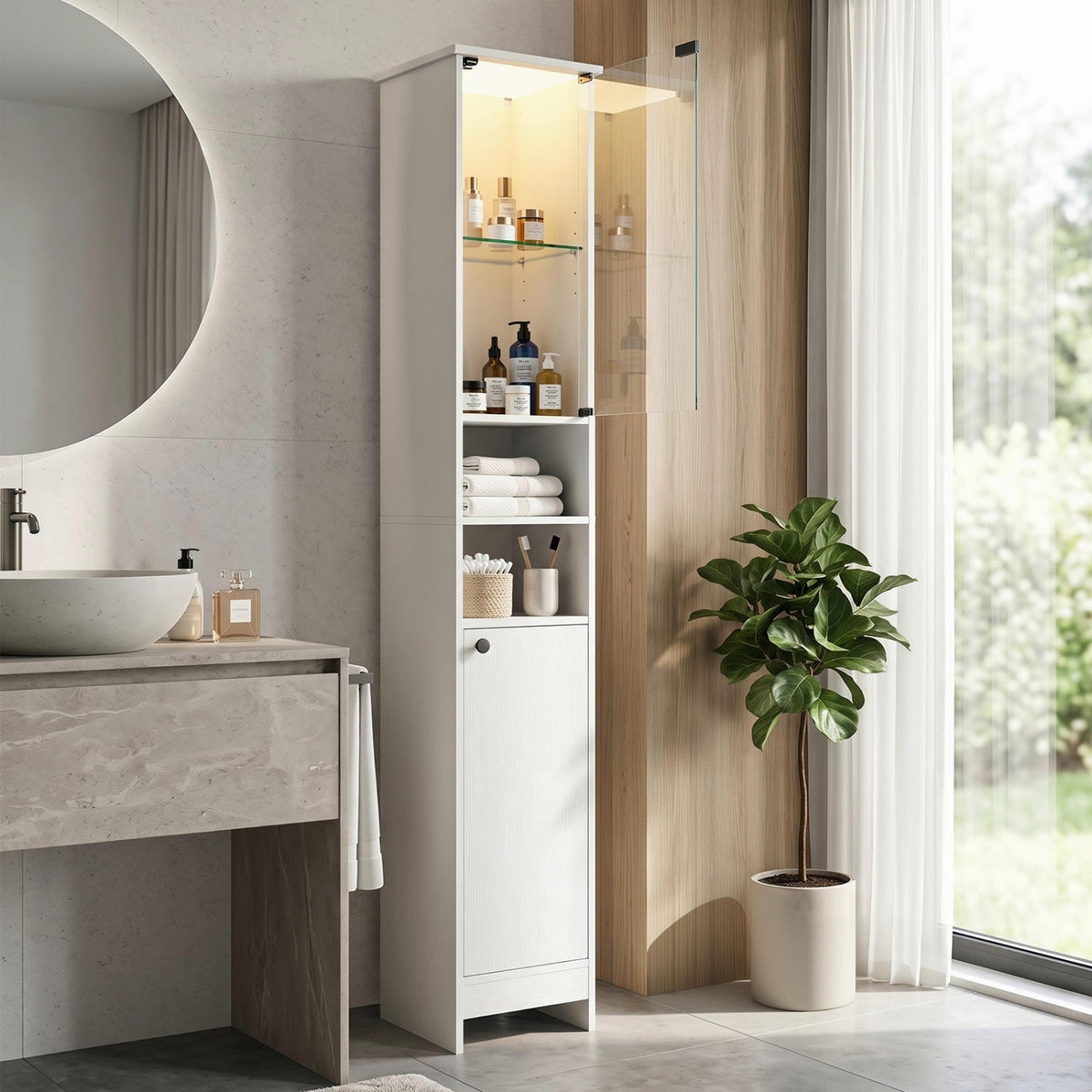 Tall Bathroom Storage Cabinet with LED Lights and Adjustable Shelves DirectDeals