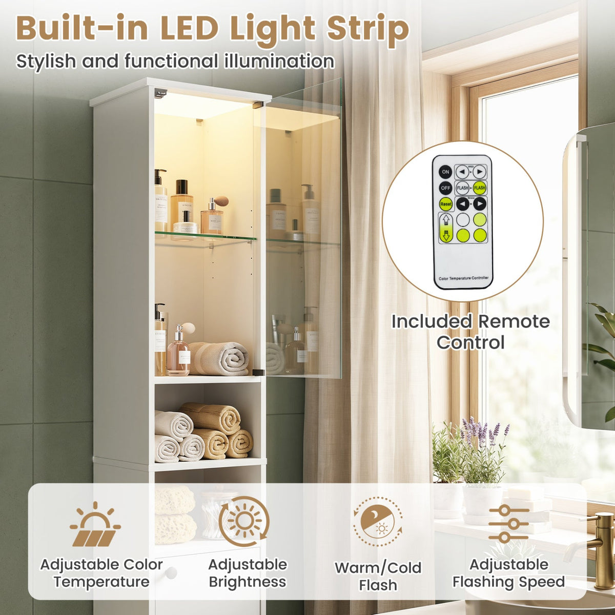 Tall Bathroom Storage Cabinet with LED Lights and Adjustable Shelves DirectDeals