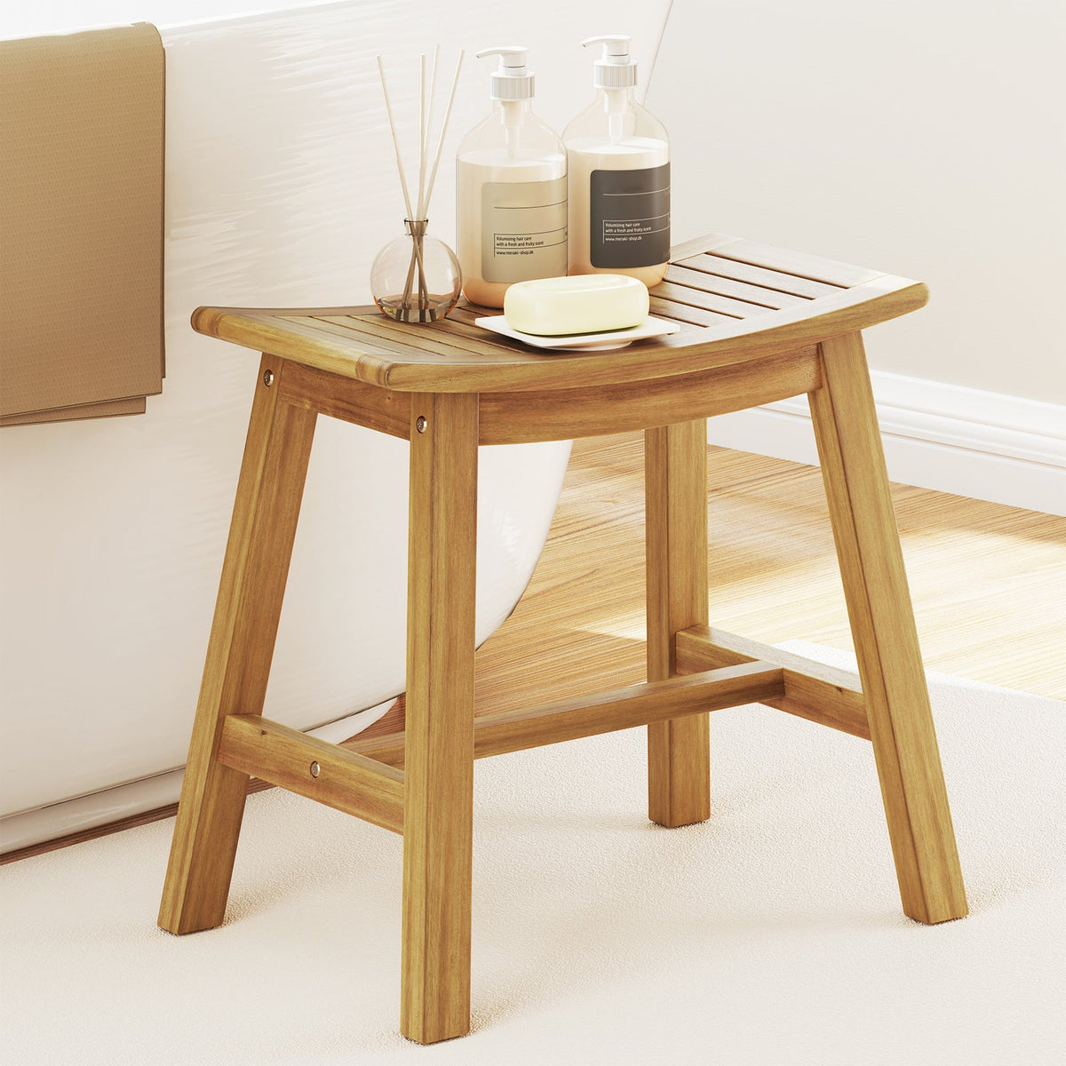 Teak Wood Shower Stool with Curved Seat for Inside Shower Spa