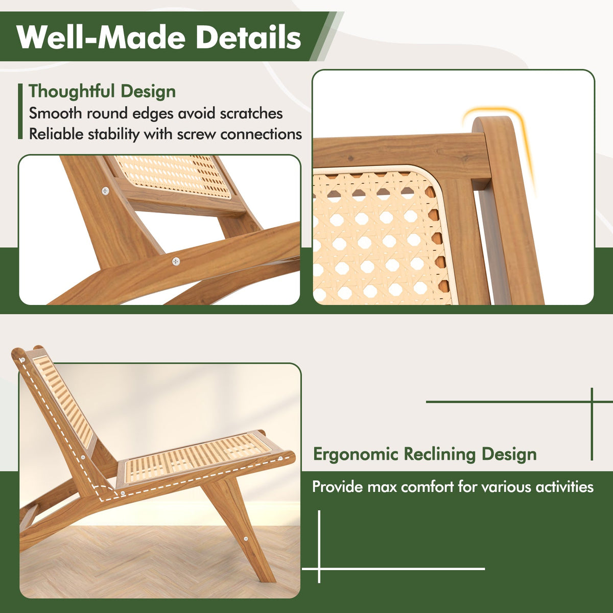 Teak Wooden Chair with Handwoven Rattan Seat and Backrest