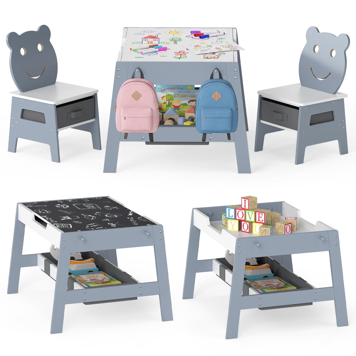 Toddler Table and 2 Chairs 5-in-1 Cute Art Desk Set with Reversible Chalkboard Whiteboard