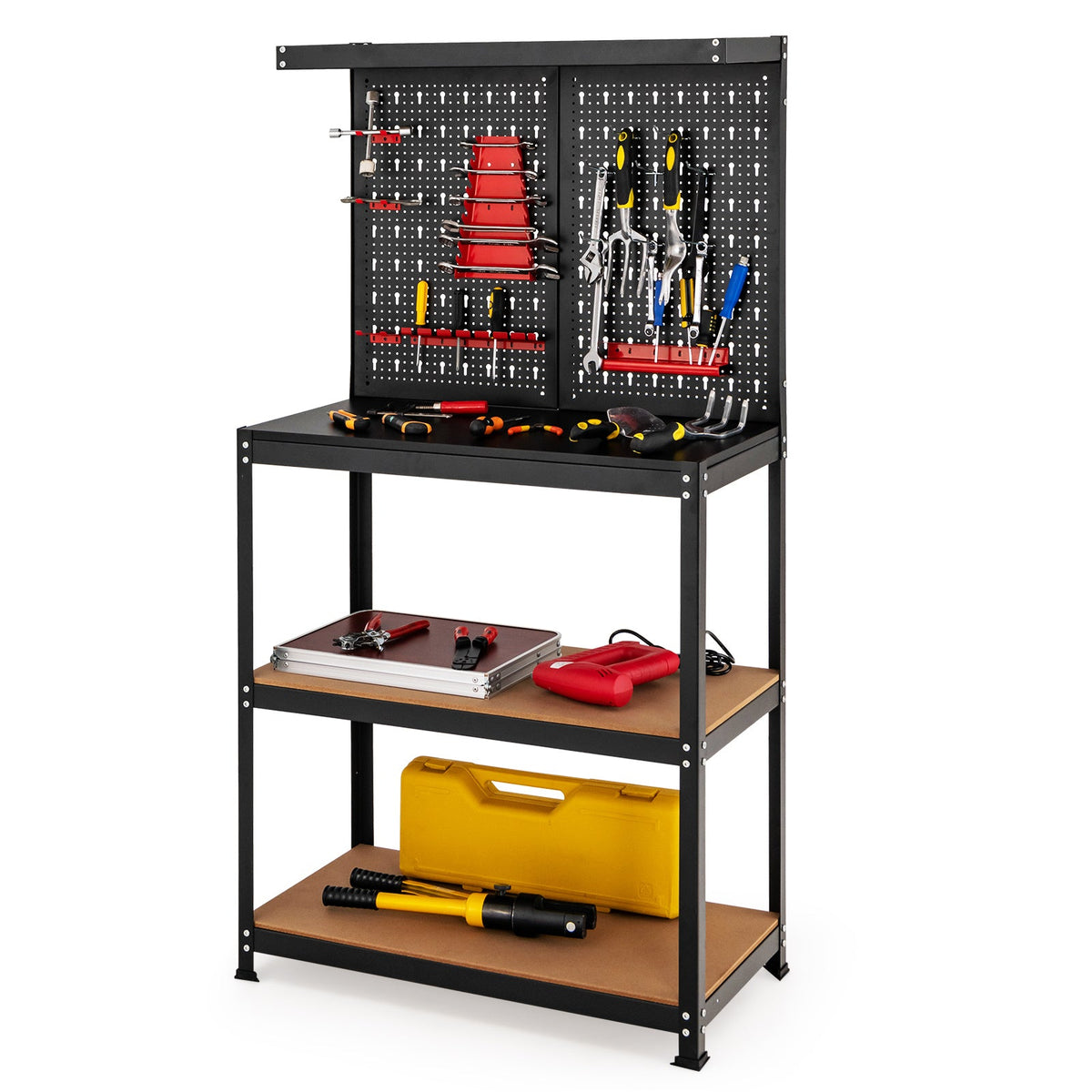 Tool Storage Workbench with Peg Board 2 Lower Shelves 14 Hanging Accessories-Black