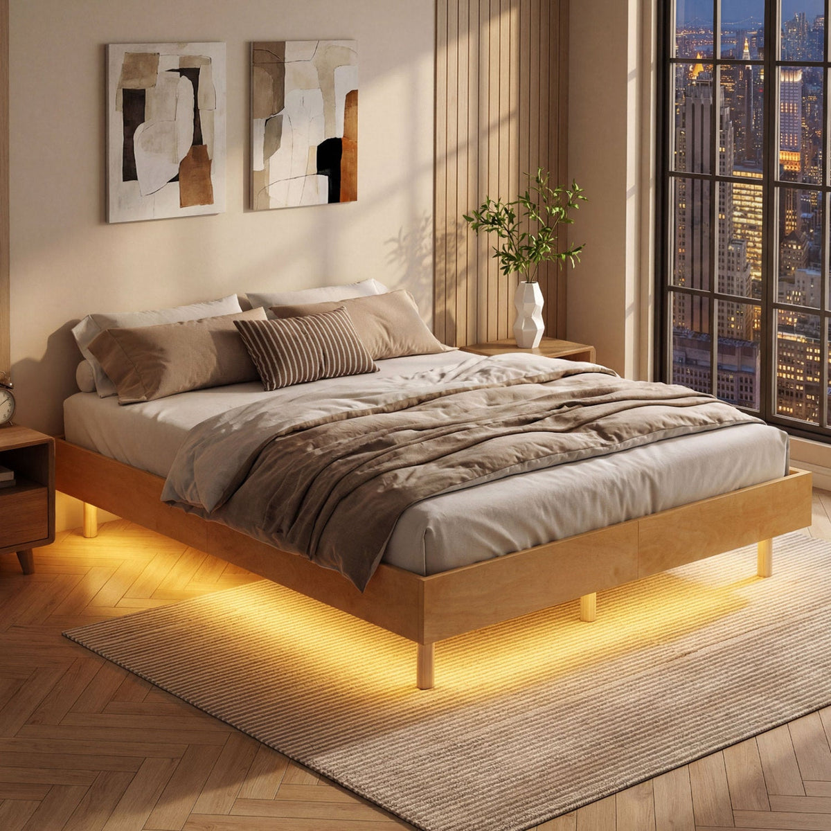 Twin/Full/Queen Size Floating Bed Frame with LED Lights for Bedroom