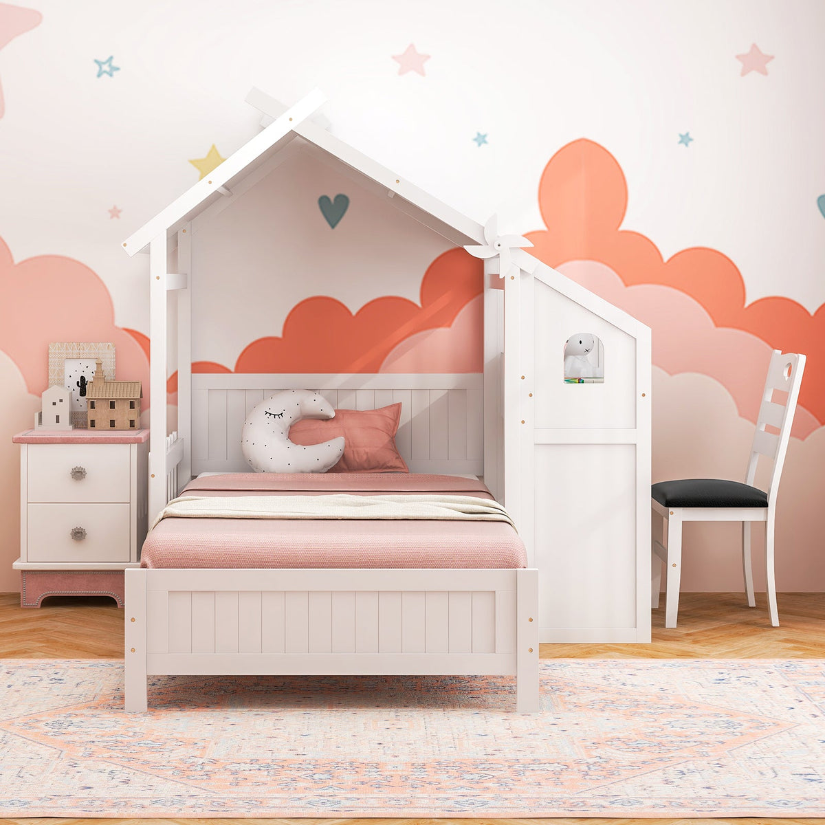 Twin House Bed with with 2 Drawers and Windmill-White