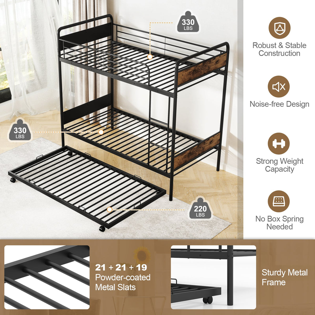 Twin Over Twin Bunk Bed with Trundle with Ladder and Full-length Guardrails-Black