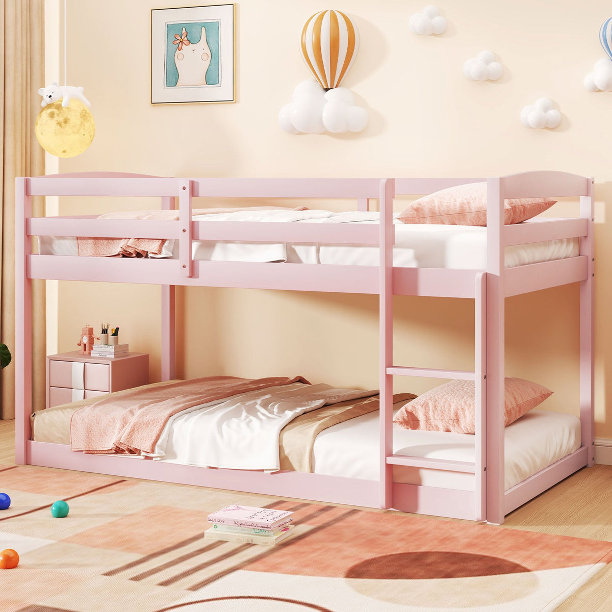 Twin Size Bunk Bed with High Guardrails and Integrated Ladder-Pink