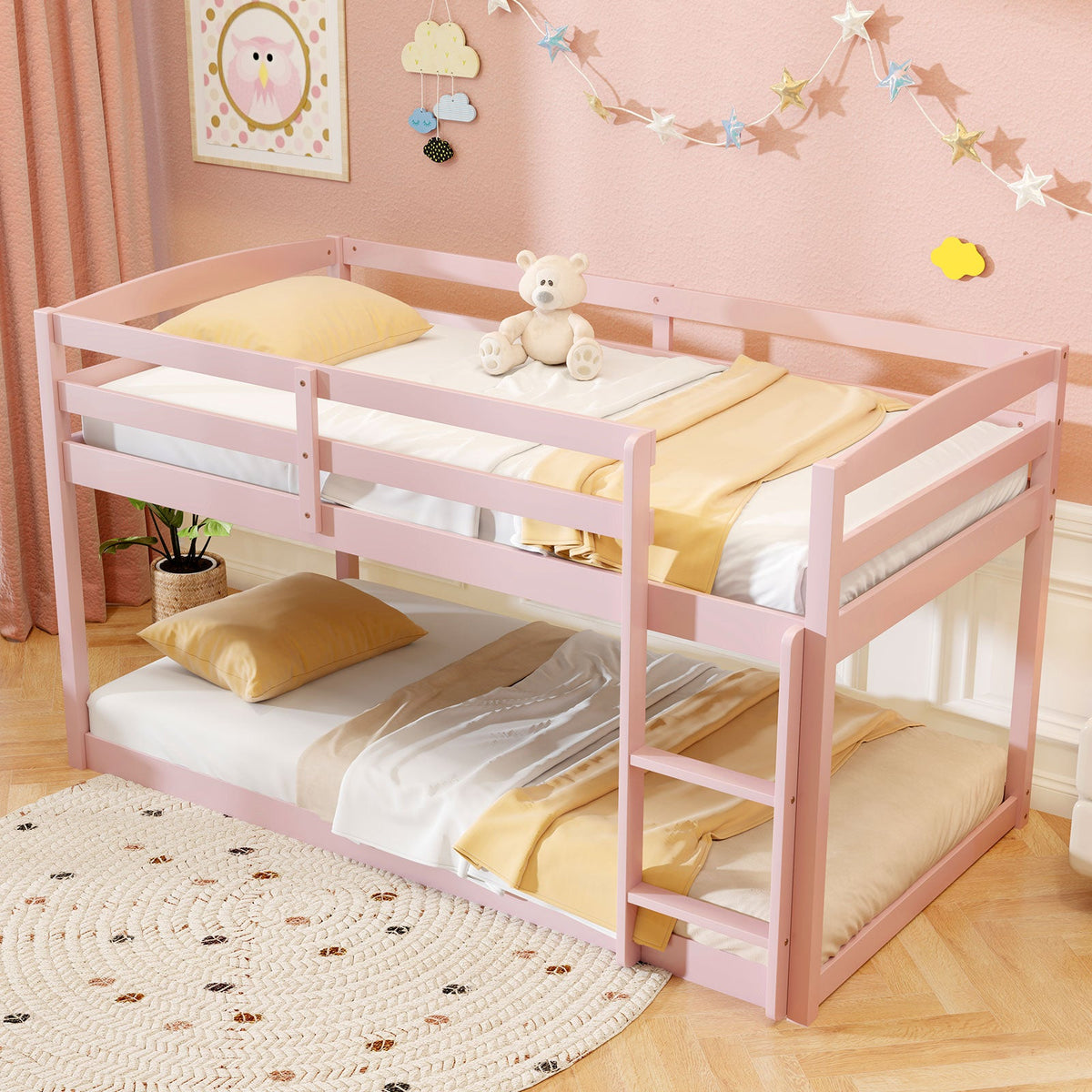 Twin Size Bunk Bed with High Guardrails and Integrated Ladder-Pink