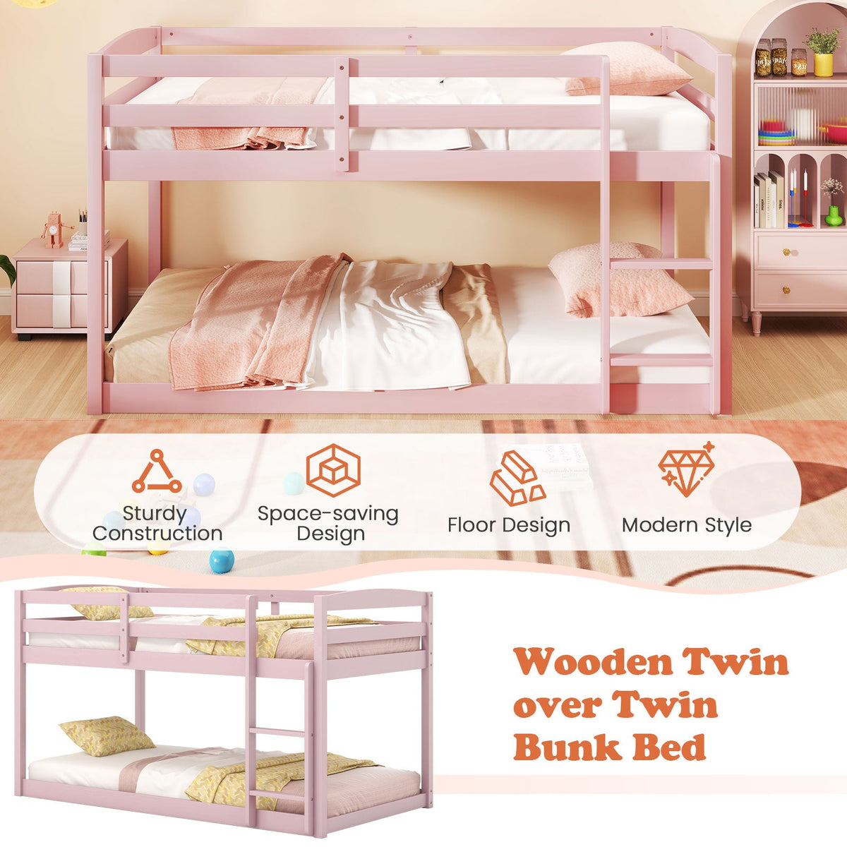 Twin Size Bunk Bed with High Guardrails and Integrated Ladder-Pink